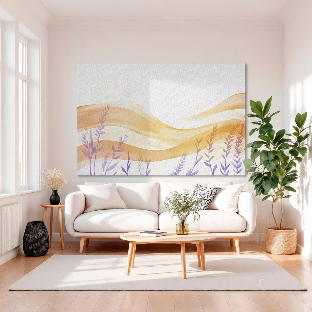 Framed Wall Art featuring watercolor abstract landscape in warm orange and purple hues. Modern art for living room decor.
