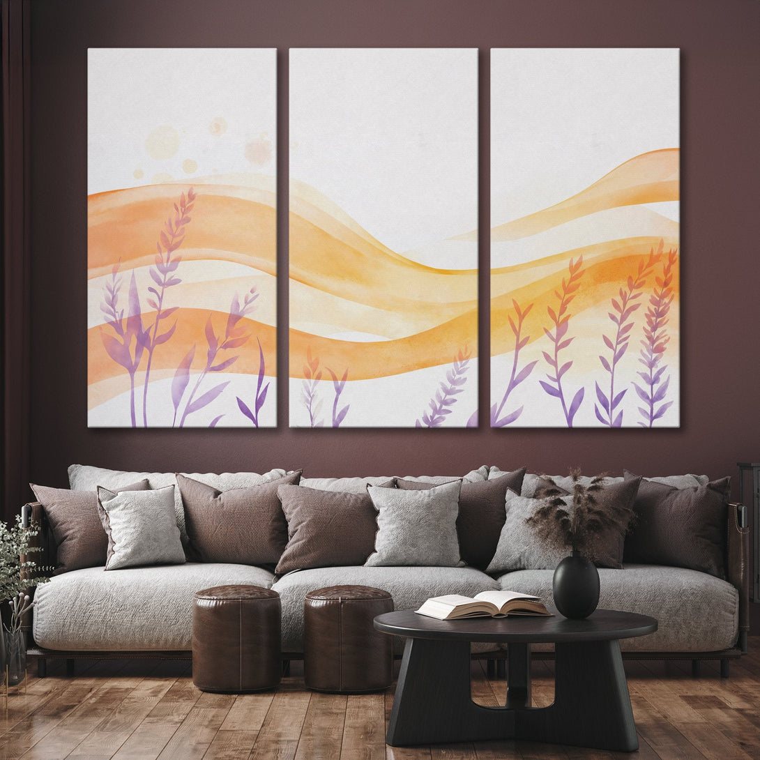 Canvas Print triptych featuring watercolor floral art in orange and purple hues, perfect for adding a touch of modern elegance to any space.