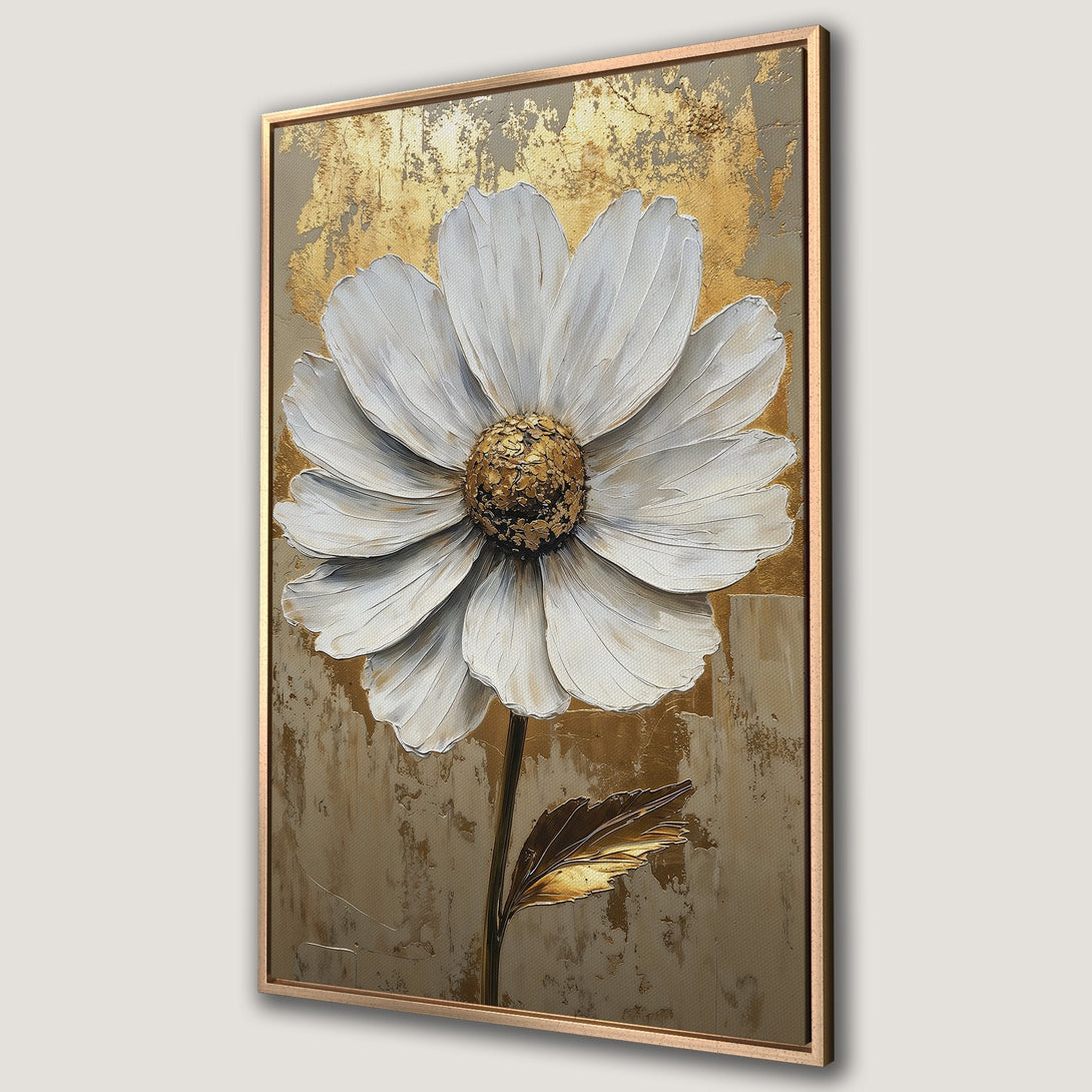 Framed Wall Art: Textured white flower painting with gold accents. Modern floral art with neutral and gold color palette. Elevate your space with this stunning piece.