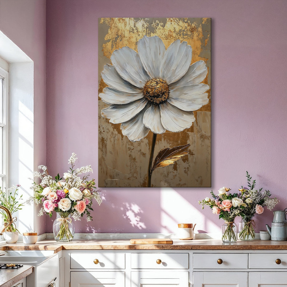 Framed Wall Art featuring a large white flower painting. Modern, textured style with gold and neutral color palette. Perfect for living room decor.