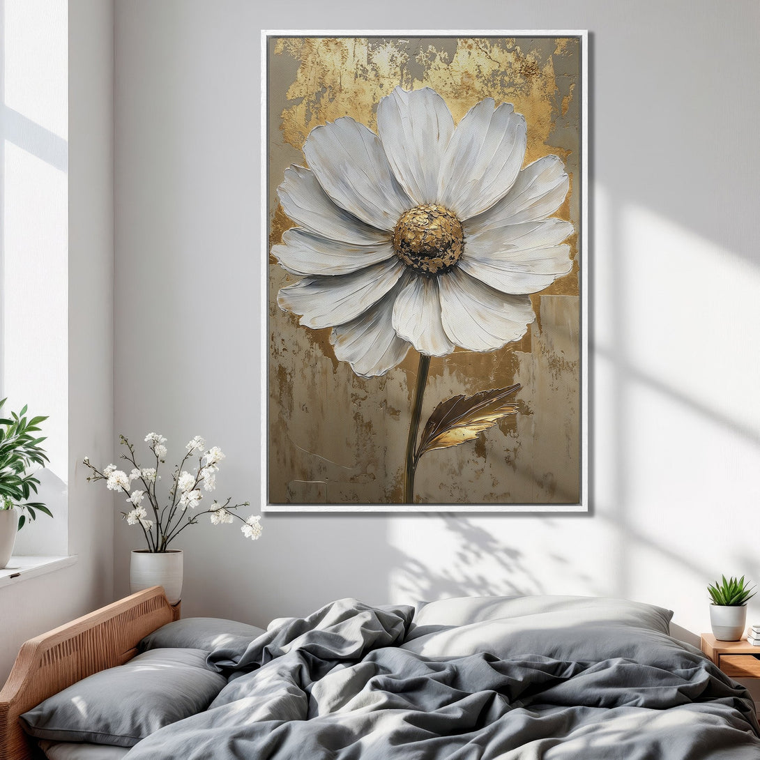 Framed Wall Art: White flower painting with gold accents. Modern floral art in neutral tones, perfect for bedroom decor.