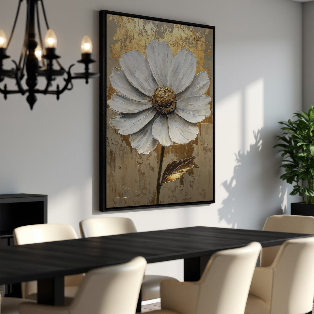 Framed Wall Art: Stunning white flower canvas print with gold accents. Modern, elegant artwork in a neutral color palette, perfect for dining room decor.