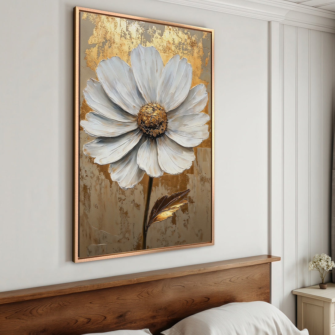 Framed Wall Art: Elegant white flower painting with gold accents. Adds a touch of luxury to any space. Neutral color palette. Perfect for bedroom decor.