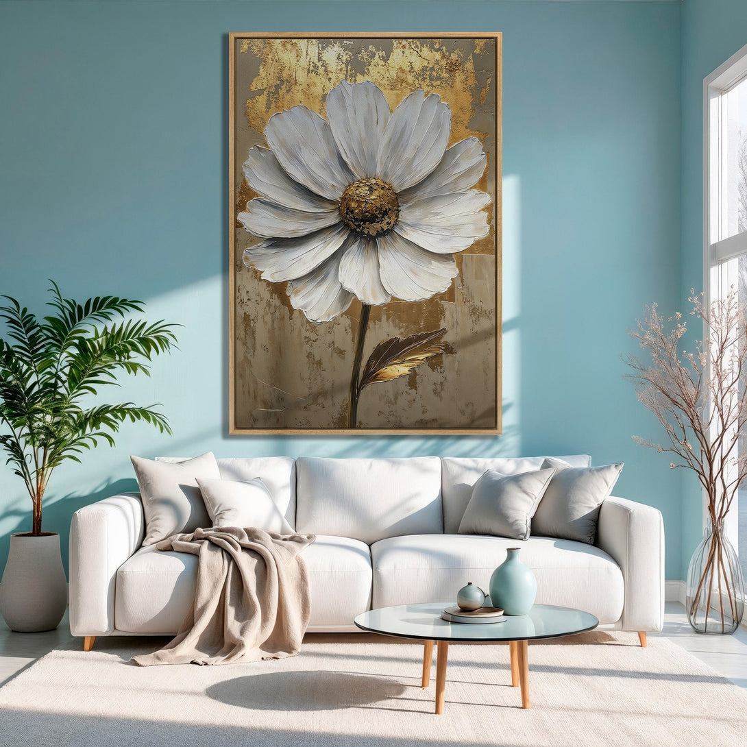 Framed Wall Art: Large white flower painting in a modern living room. Neutral color palette with gold accents, perfect for home decor.