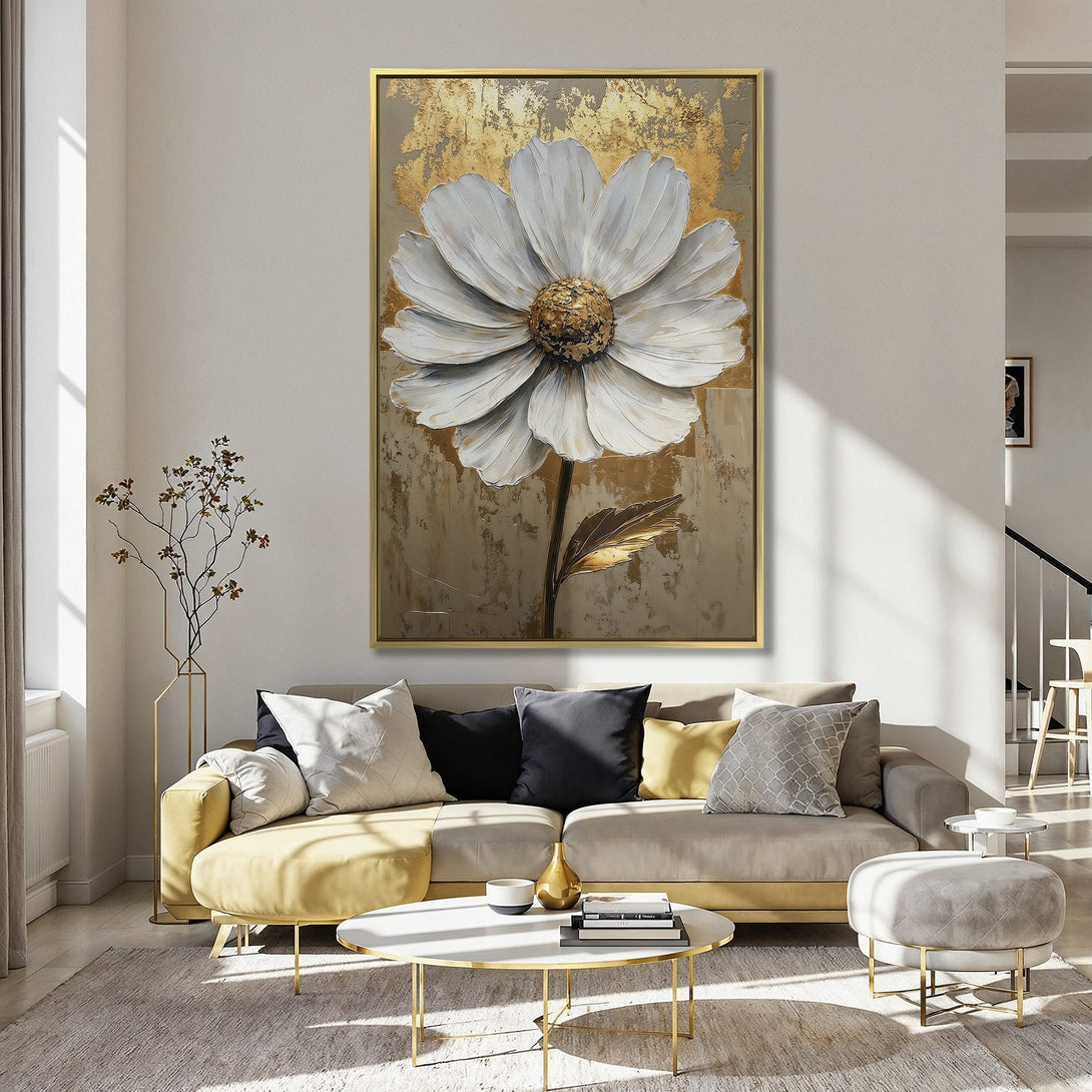 Canvas Print of a large white flower in an abstract style with gold accents, displayed in a kitchen with a soft pink color palette.