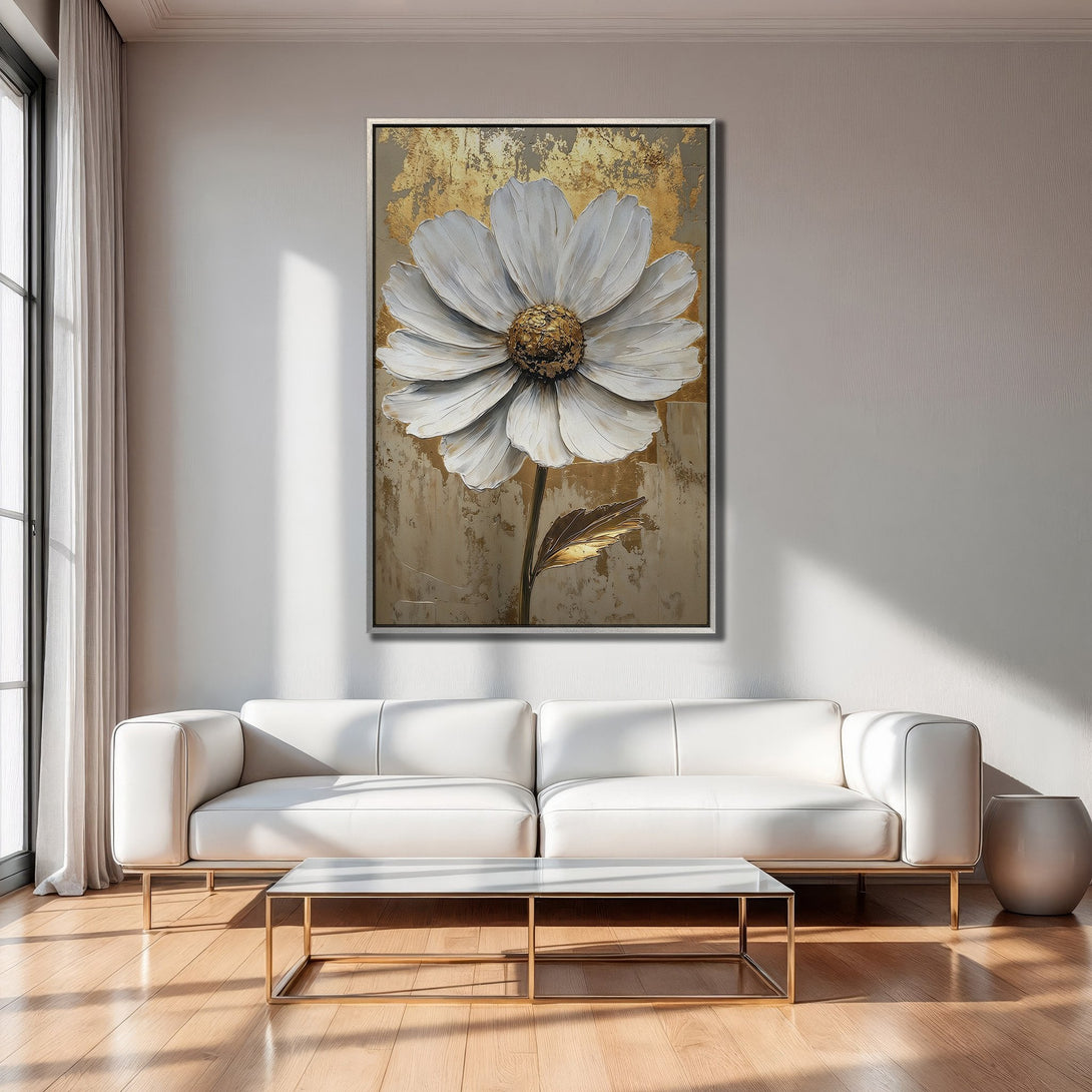 Framed Wall Art: Large white flower painting in a modern interior. Neutral tones with gold accents create a luxurious, elegant aesthetic.