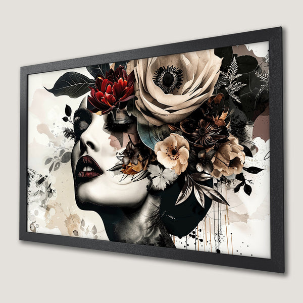 Framed Poster featuring a woman with floral headdress in a modern, artistic style. Earthy tones with pops of red and black.