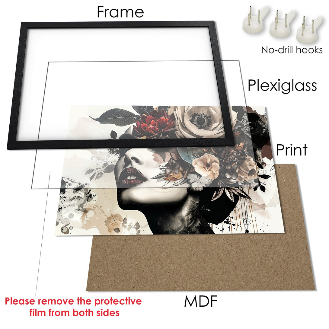 Framed Poster featuring a woman with floral crown, artistic style, neutral & red color palette. Ready to hang!