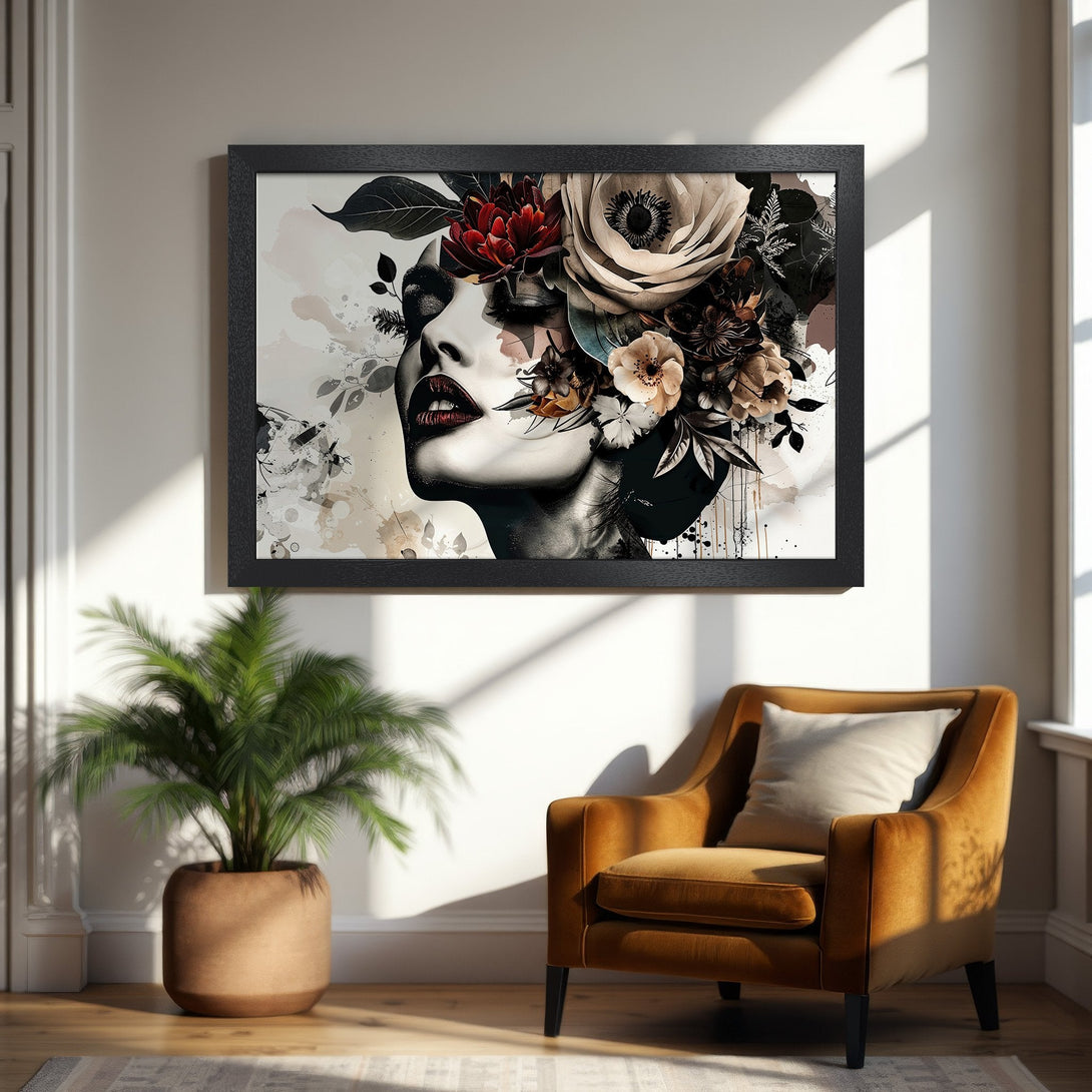 Framed Poster featuring a woman with floral headpiece, artistic style, neutral & warm color palette. Perfect wall art!