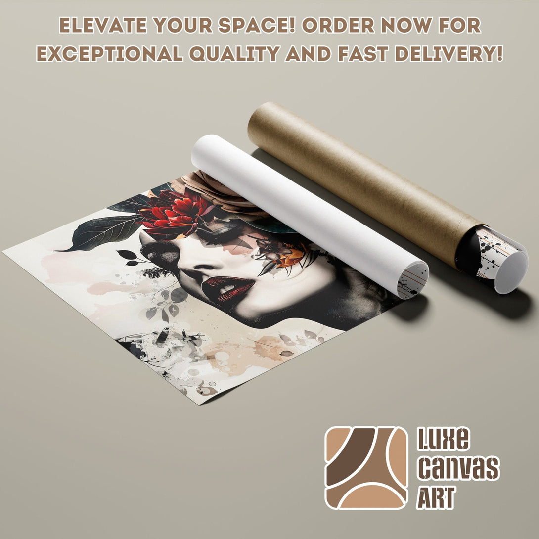 Poster Roll featuring a woman's face with floral elements, in a modern style with a neutral color palette.