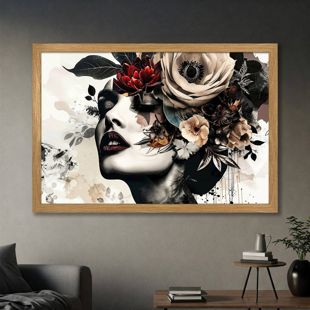 Framed Poster: Woman with floral headdress art print. Stylish black, white, and red color palette. Perfect wall decor for modern homes.