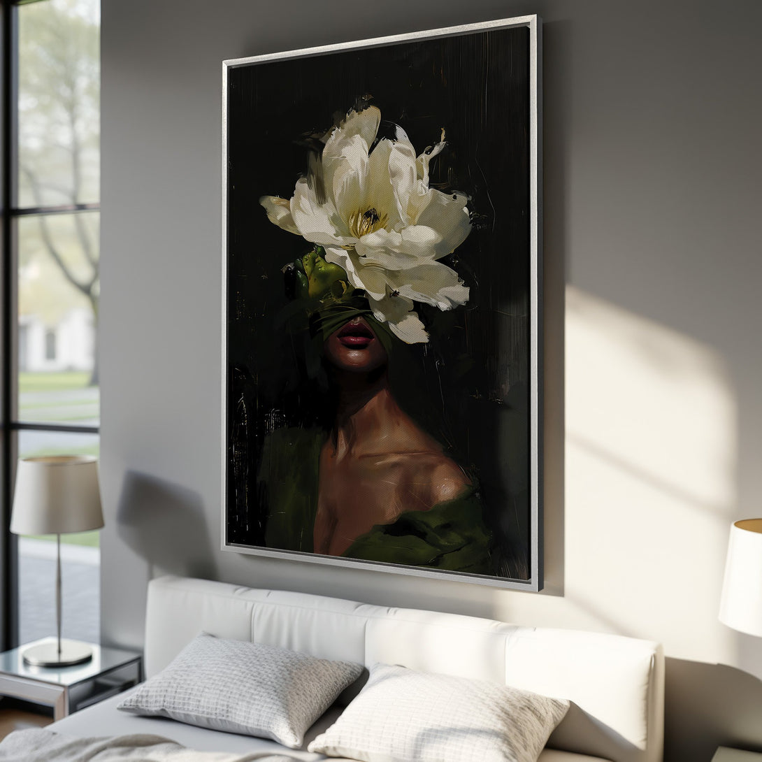 Framed Wall Art: Woman with flower art print in moody, dark green and white palette. Modern abstract style canvas print for bedroom decor.