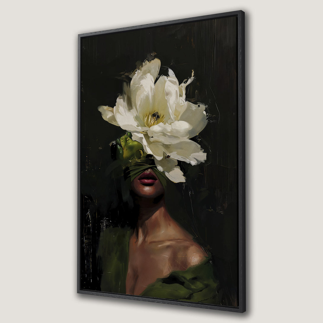 Framed Wall Art: Abstract portrait of a woman with a flower headpiece. Dark, moody color palette with green, black, and white tones. Modern art for your home.
