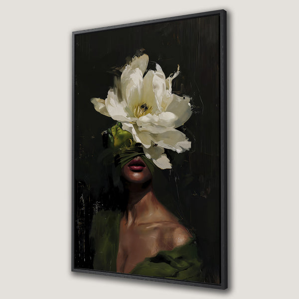 Framed Wall Art: Abstract portrait of a woman with a flower headpiece. Dark, moody color palette with green, black, and white tones. Modern art for your home.