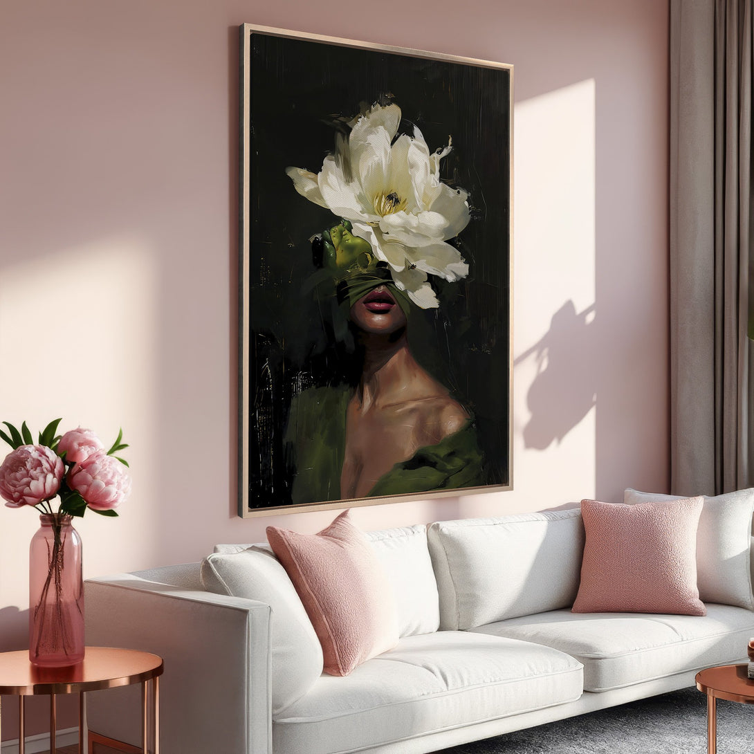 Framed Wall Art: Abstract woman portrait with a flower, dark green and white tones. Elegant art to elevate your living room decor.