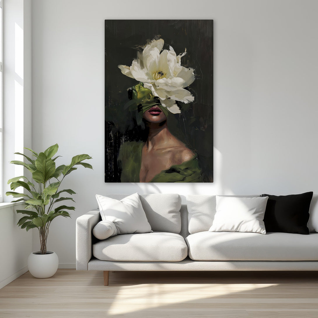 Framed Wall Art featuring a woman with a flower, in a dark, moody style with a green and black color palette. Perfect for adding a touch of elegance.