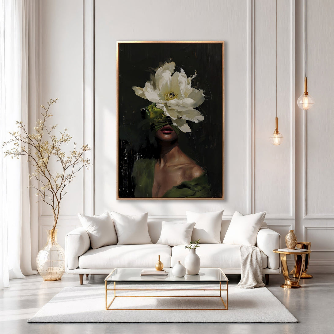 Framed Wall Art featuring a woman with a flower. Dark, moody painting with green and white accents. Modern art for a stylish living room.