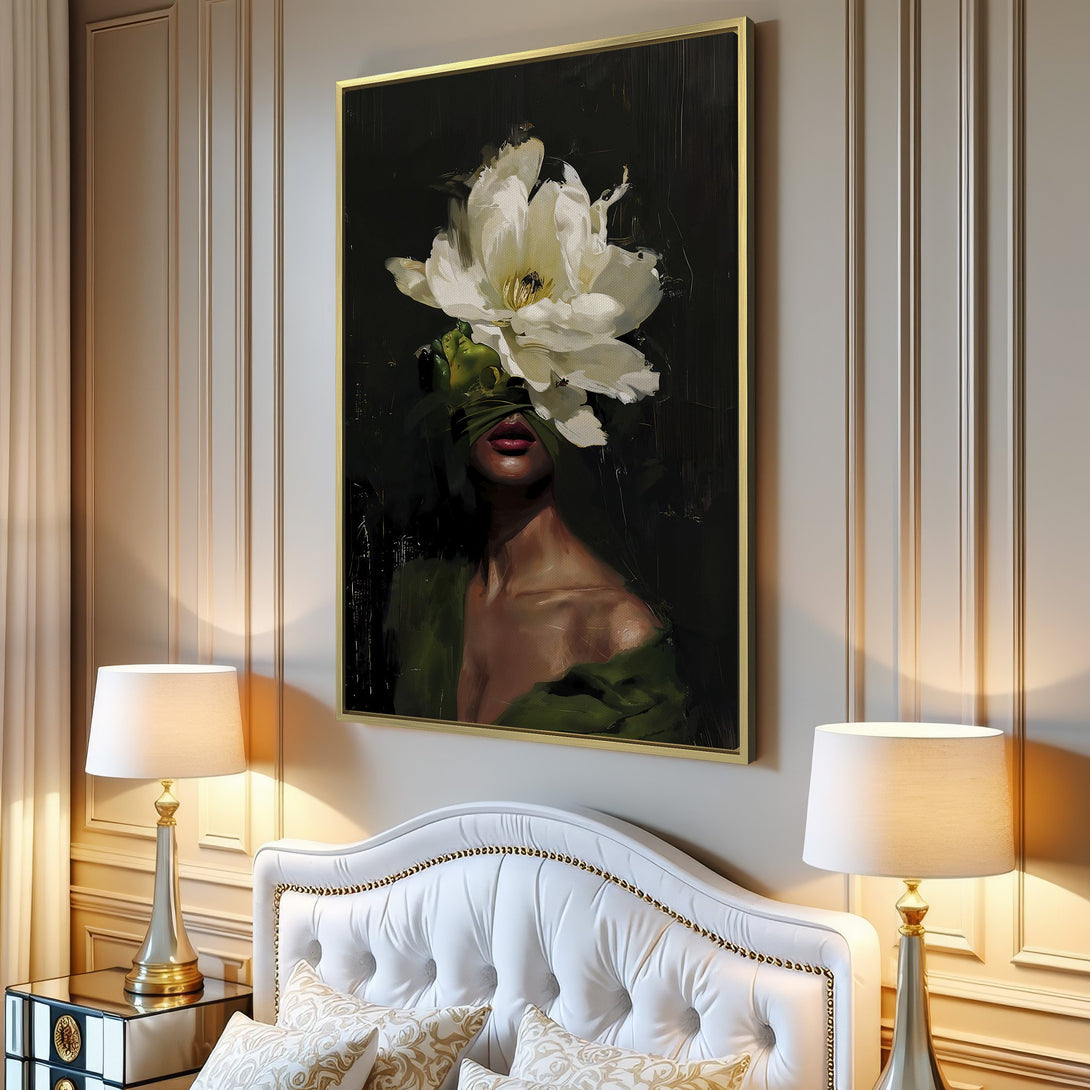 Canvas Print of a woman with a flower, in an interior setting. Dark, moody style with a green and white color palette.