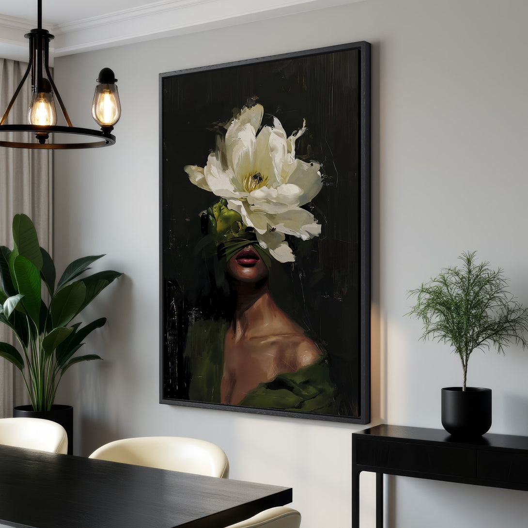 Framed Wall Art featuring a woman with a flower, in an expressive, dark style. The canvas print showcases a moody palette of black, green, and white.