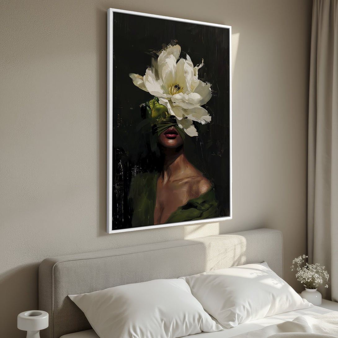 Framed Wall Art: Stunning floral portrait canvas print in a dark, moody style. Features a woman with a large white flower, rich green and black tones. Perfect bedroom decor.
