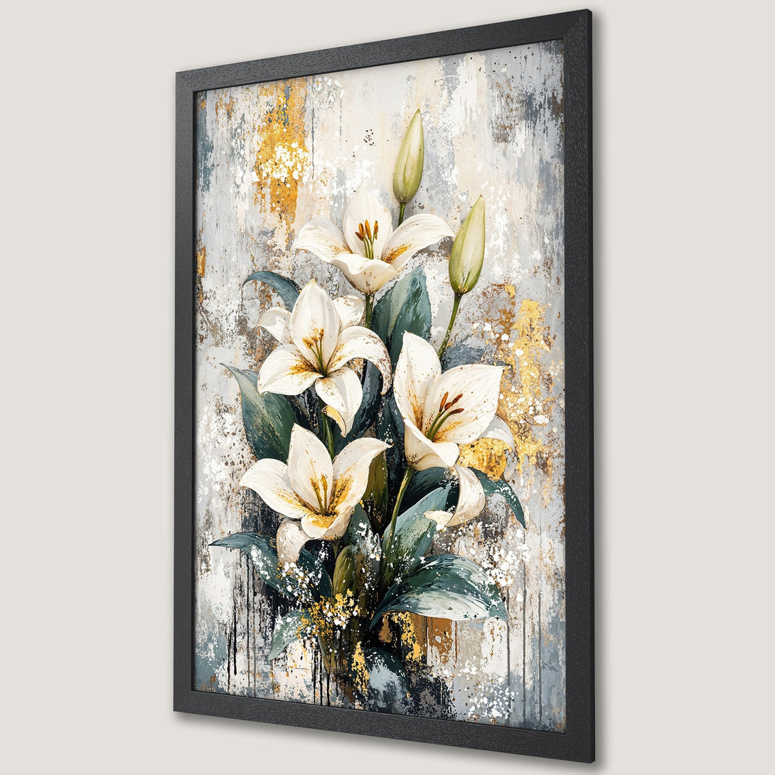 Framed Poster featuring white lilies on a textured background. Elegant floral art with gold, gray, and green color palette. Perfect wall decor.
