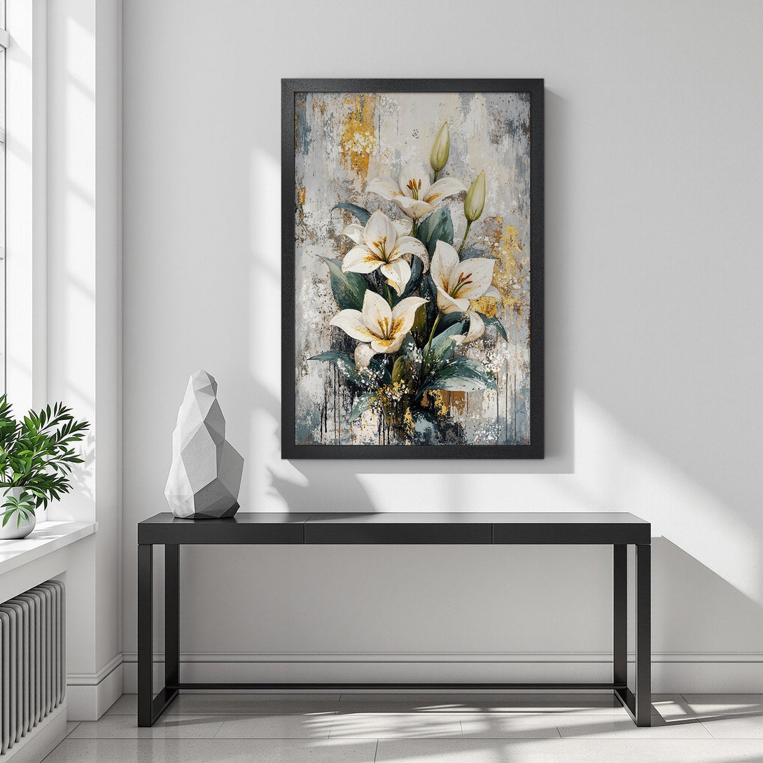 Framed Poster featuring white lilies in a modern, abstract style with a neutral, gold, and green color palette. Perfect wall art!