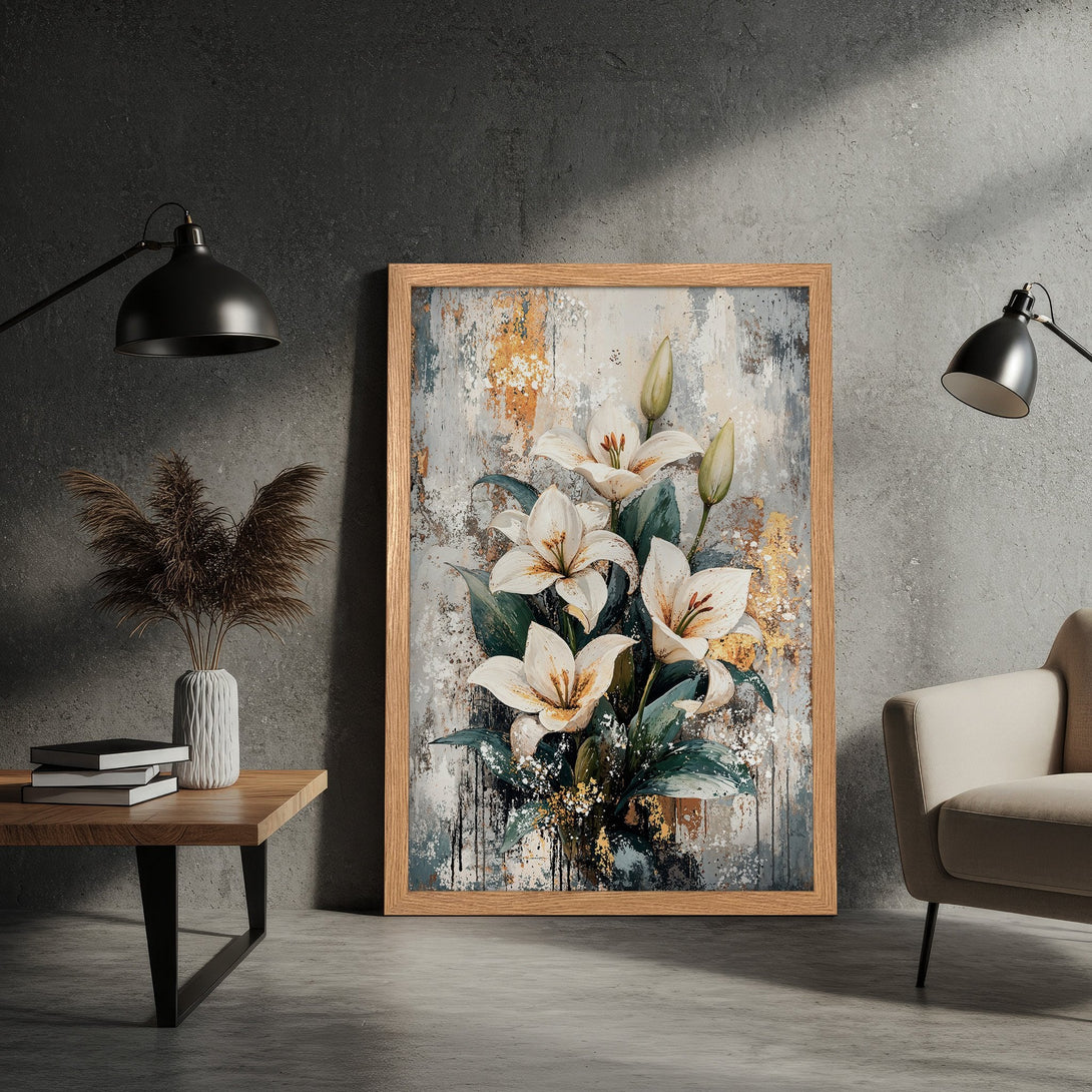 Framed Poster featuring white lilies in an abstract style with a neutral color palette. Perfect for modern home decor!