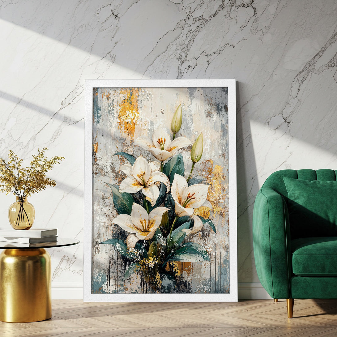 Framed Poster featuring white lilies in an abstract style with a neutral and gold color palette. Perfect wall art for any room!
