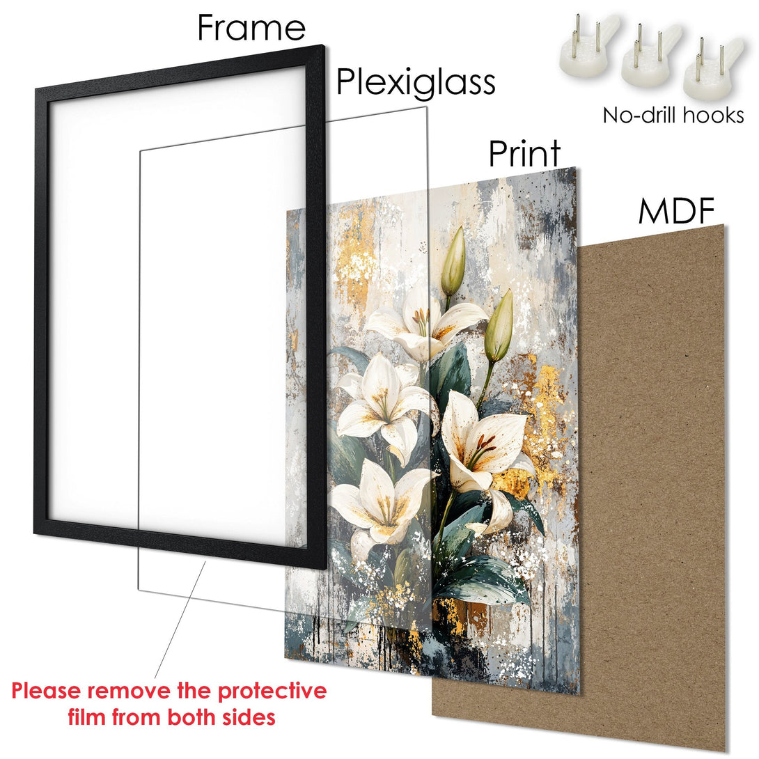 Framed Poster featuring elegant white lily floral art with gold accents. Modern style, neutral color palette for home decor.