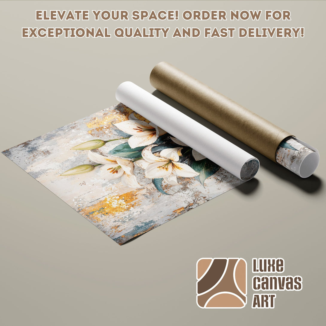 Poster Roll featuring a floral abstract art print. Neutral color palette with gold accents. Elevate your space with Luxe Canvas Art!