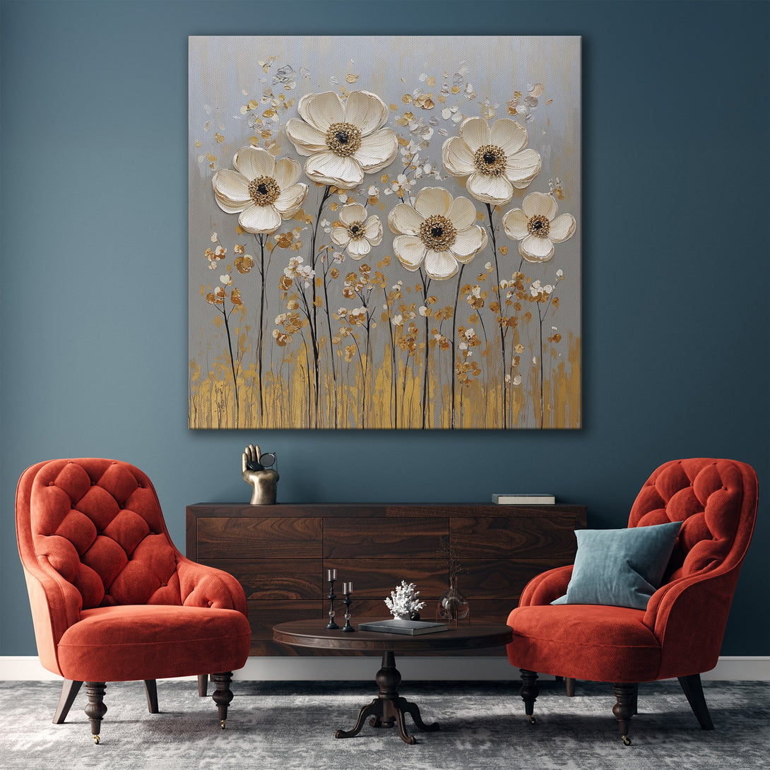 Framed Wall Art featuring elegant white floral design with gold accents. Neutral gray and gold color palette, perfect for modern home decor.