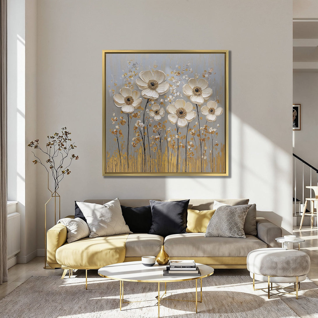 Canvas Print featuring elegant white floral artwork with gold accents, displayed in a stylish interior with a teal and orange color palette.