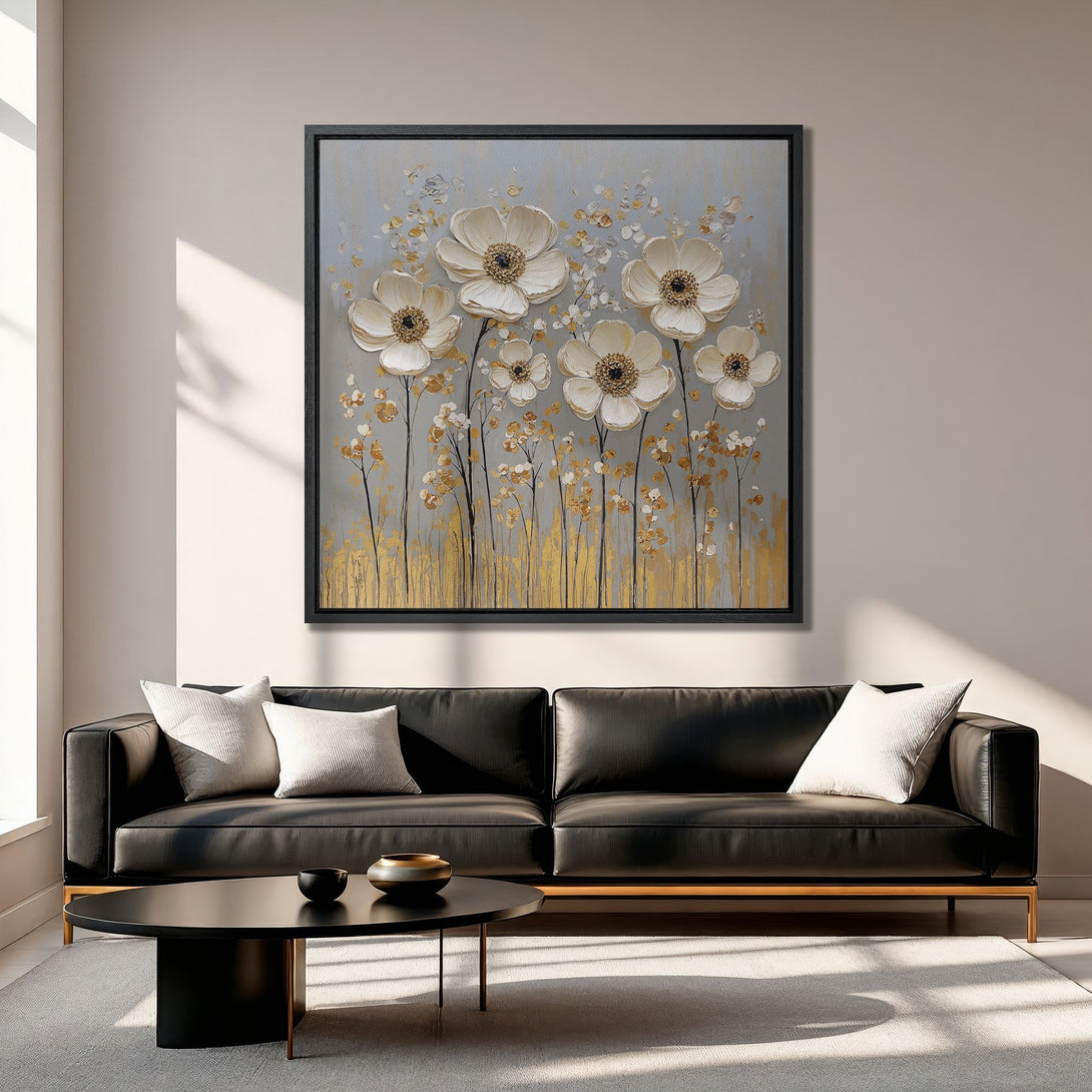 Framed Wall Art featuring elegant white floral art with gold accents on a gray background. Perfect for modern home decor.