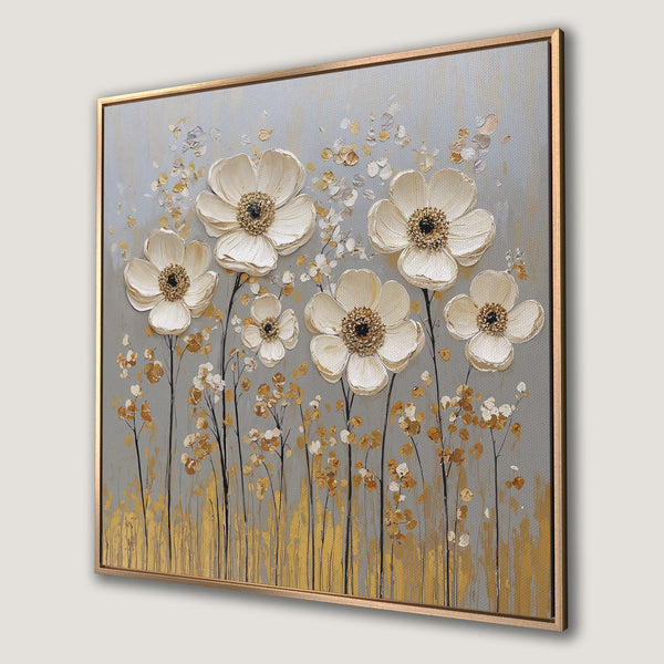 Framed Wall Art: Elegant floral canvas print in neutral tones with gold accents. Perfect for adding a touch of modern sophistication to any space.