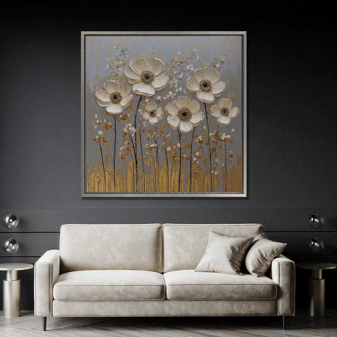 Framed Wall Art featuring elegant white floral design with gold accents on a gray background. Modern art for living room decor.