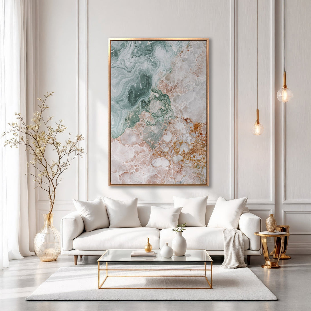 Framed Wall Art featuring an abstract marble design in green, gold, and blush tones, displayed in a modern living room. Elevate your space!