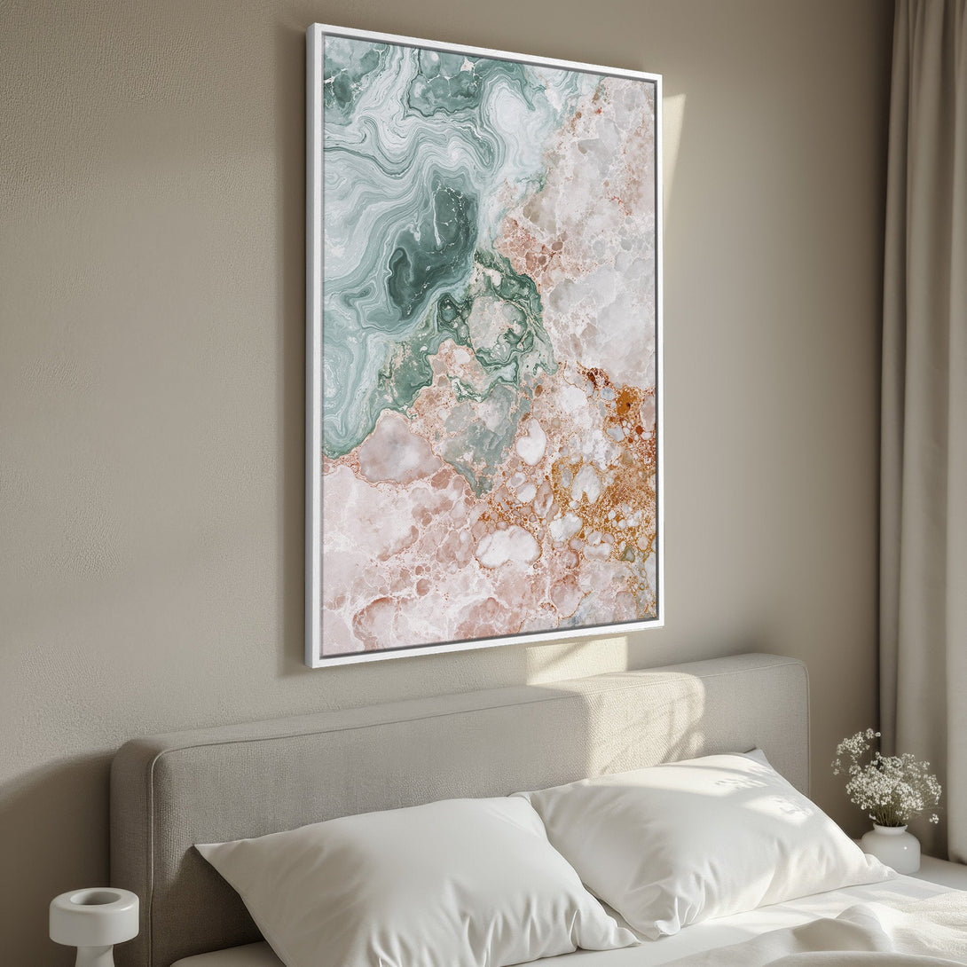 Framed Wall Art featuring an abstract marble design in green, blush, and gold. Perfect for adding a touch of elegance to your bedroom decor.