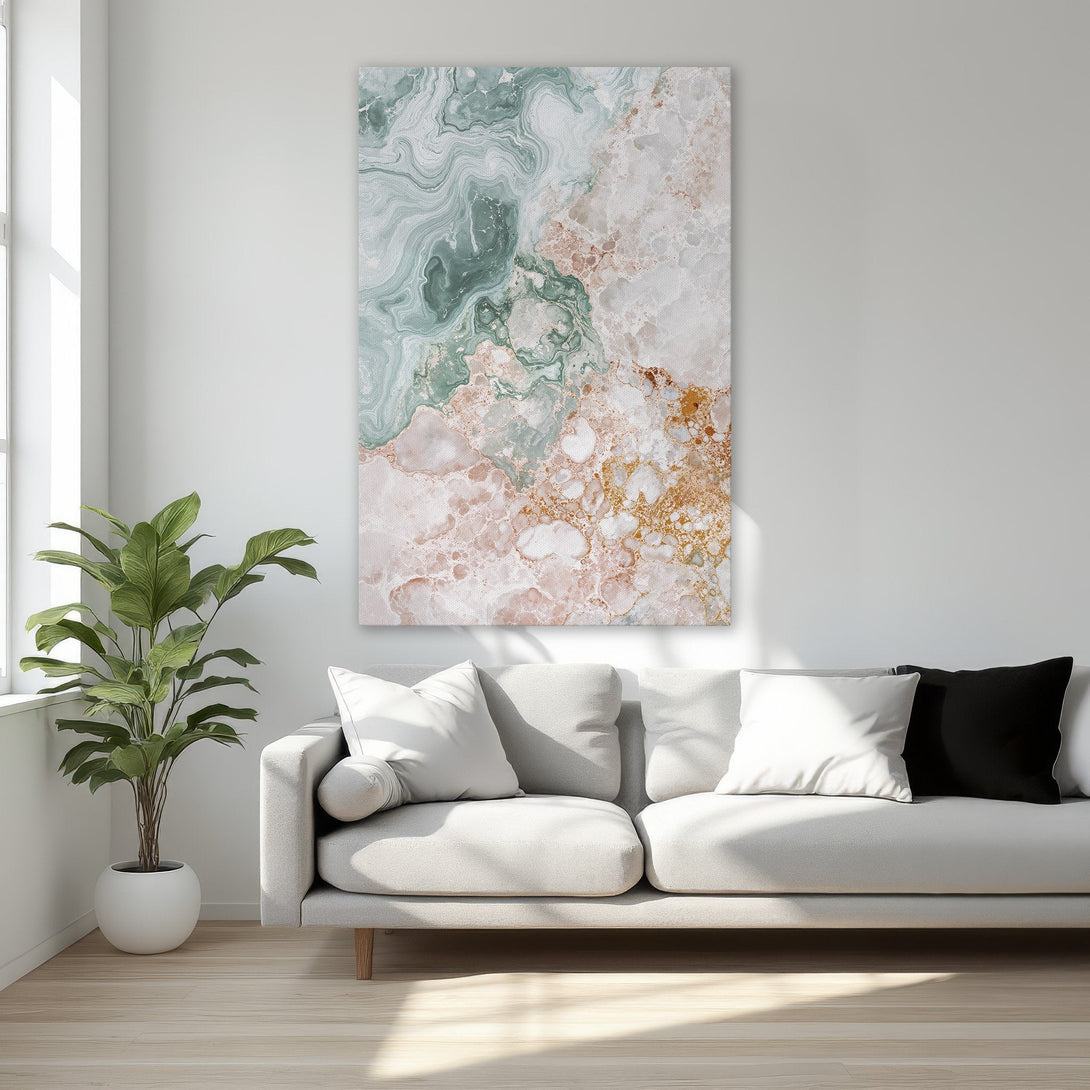 Framed Wall Art: Abstract marble design in green, pink, and gold. Modern canvas print adds elegance to any interior. Shop now for stunning wall decor!