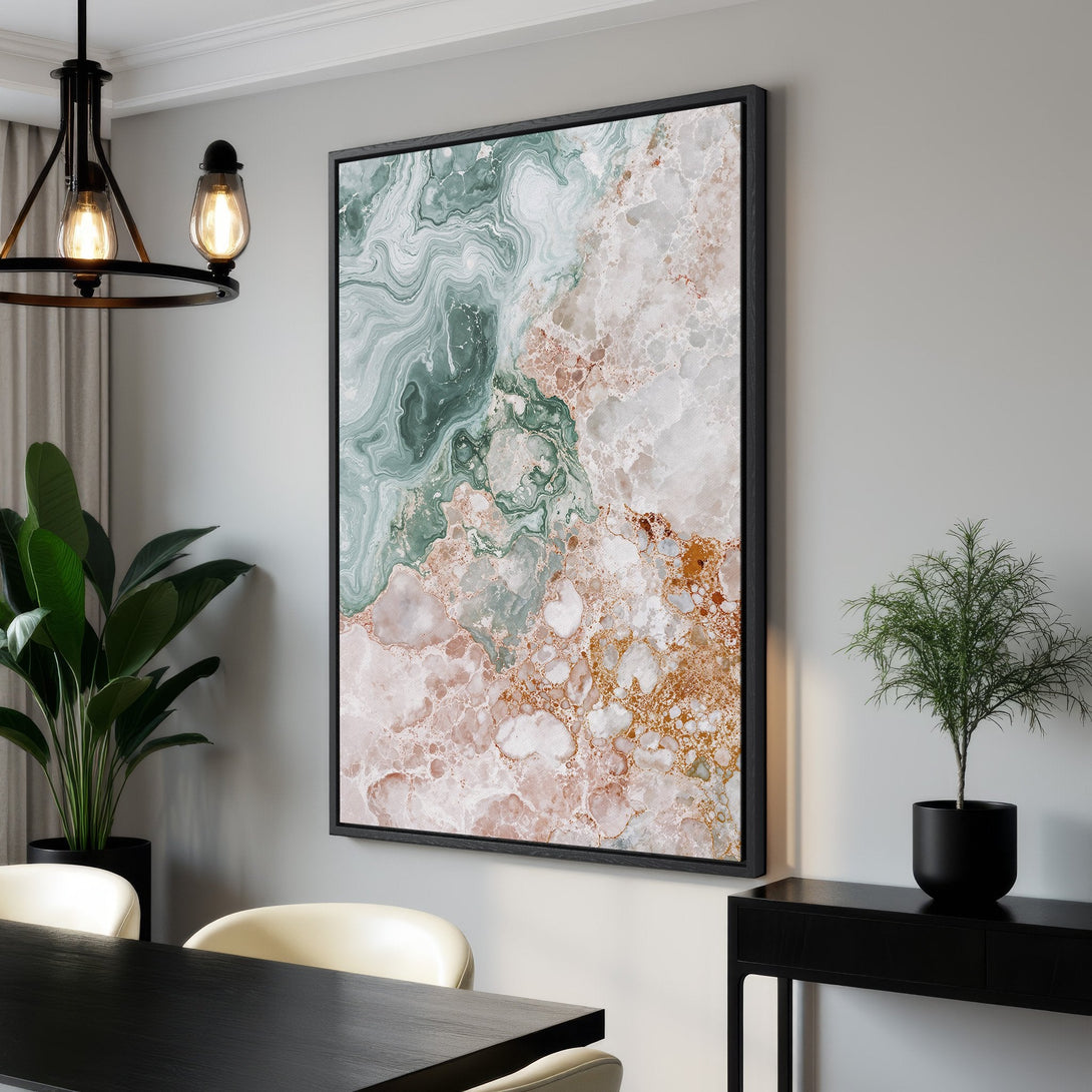 Framed Wall Art featuring abstract marble design in green, blush, and gold tones. Perfect for adding a touch of elegance to your home decor.