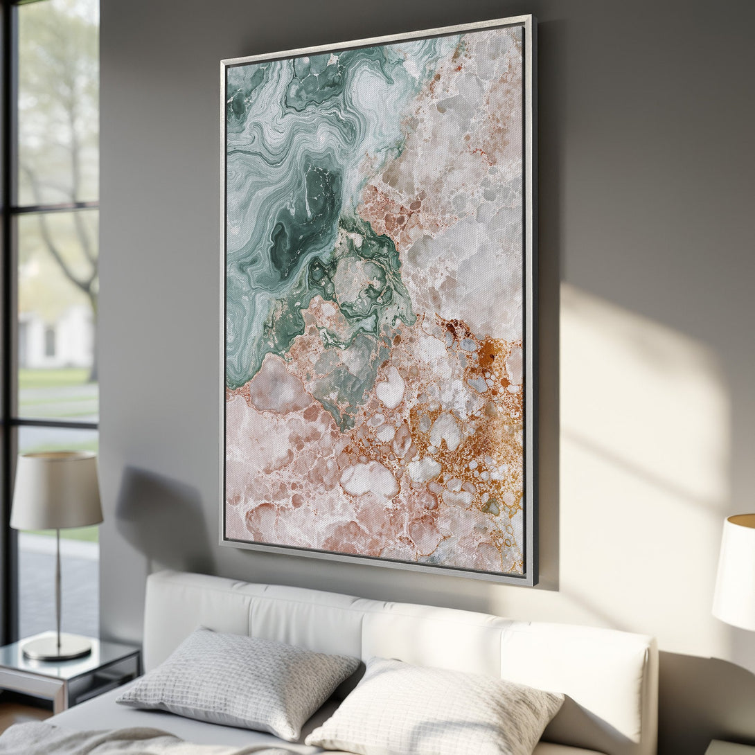 Framed Wall Art: Abstract marble Canvas Print in muted green, blush, and gold tones. Modern art for bedroom decor.