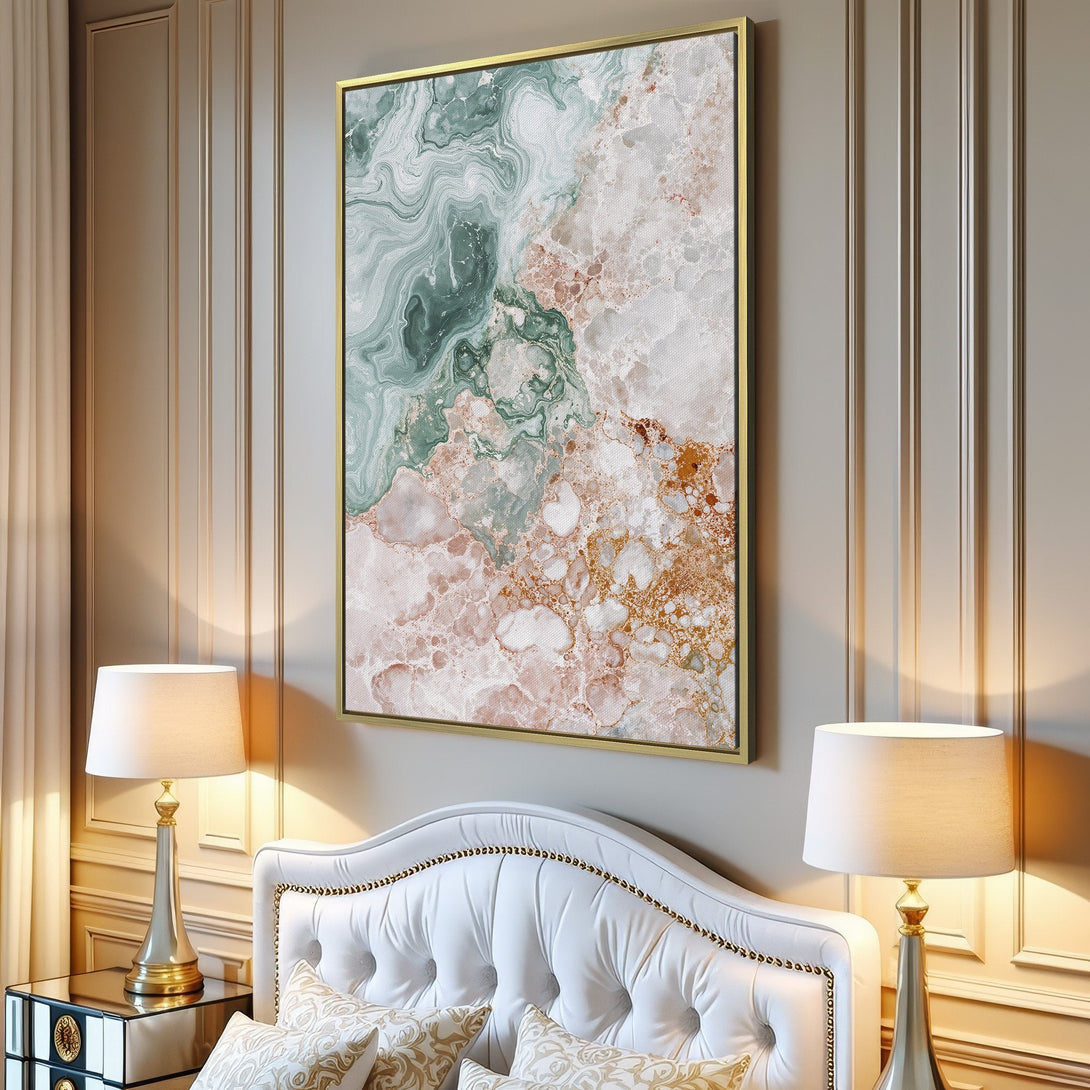 Abstract Canvas Print in a modern interior. Features a marble-like design with green, pink, and gold tones. Perfect for contemporary home decor.