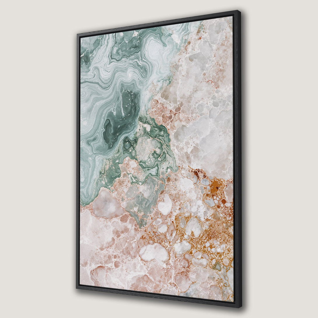 Framed Wall Art featuring abstract marble design in teal, peach, and gold tones. Modern canvas print perfect for adding a touch of elegance to any space.