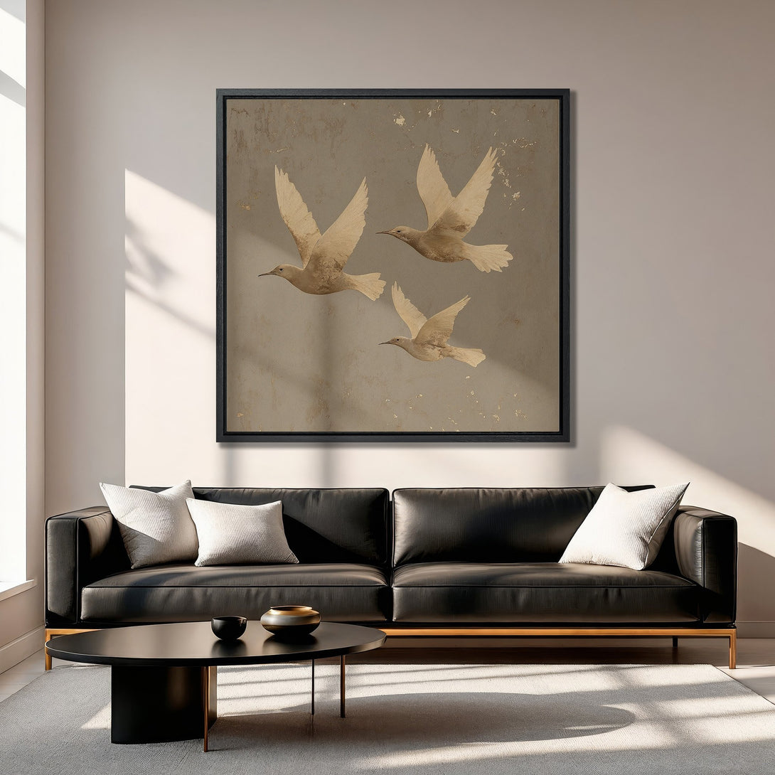 Framed Wall Art featuring elegant birds in flight. Neutral color palette. Perfect for adding a touch of serenity to your living room. Shop now!