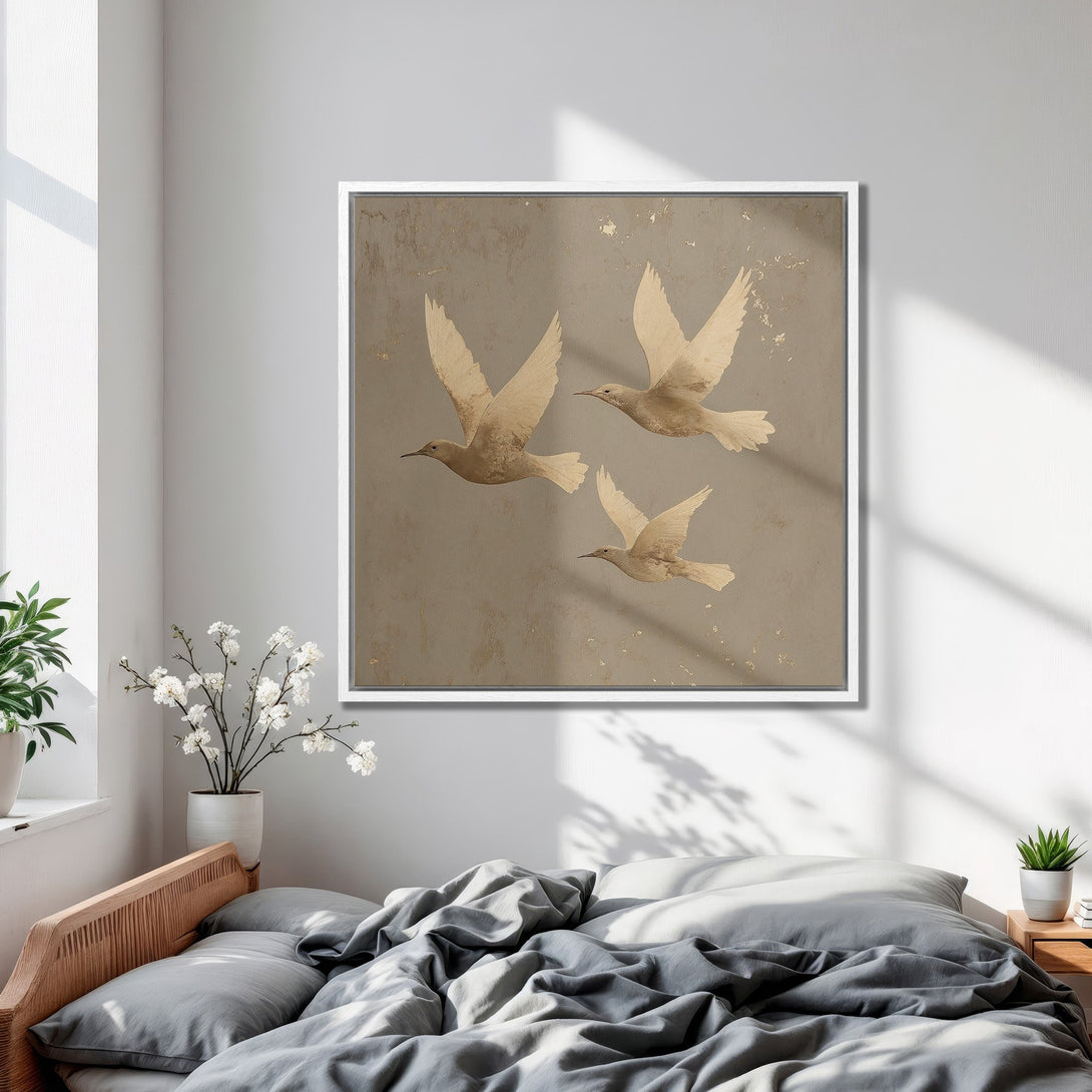 Framed Wall Art featuring three stylized birds in flight, neutral color palette. Perfect for bedroom decor. Canvas Print available.