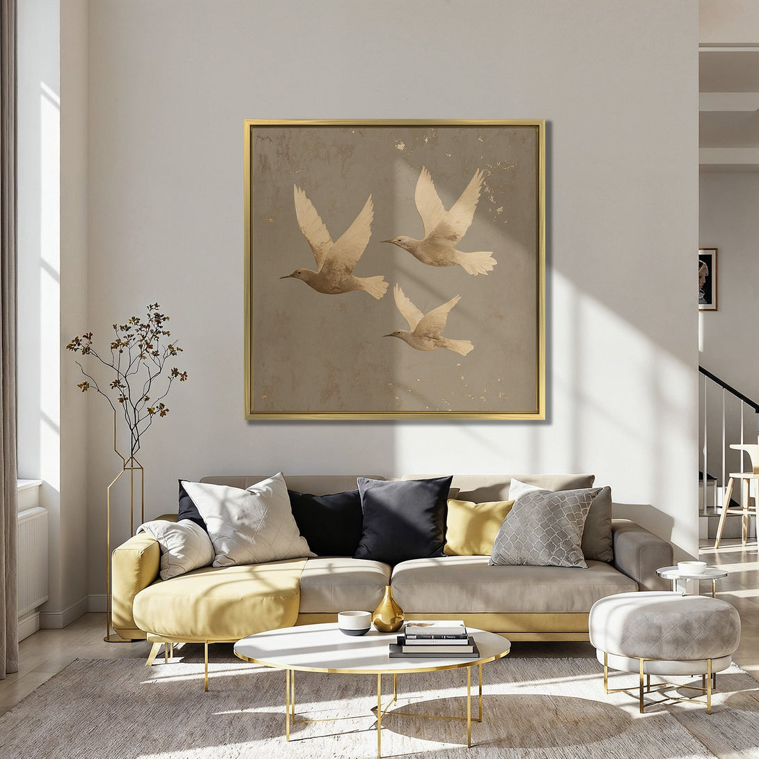 Canvas Print featuring gold birds in flight. Neutral tones with a pop of red in the chairs. Modern wall art for home decor.