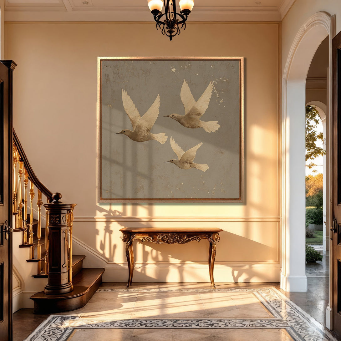 Framed Wall Art featuring elegant birds in flight. Neutral color palette with gold accents. Perfect for adding a touch of sophistication to your home decor.