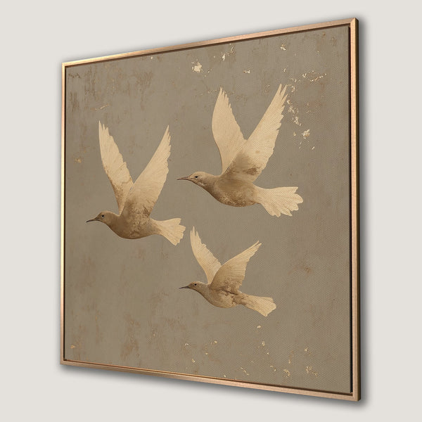 Framed Wall Art featuring three birds in flight, a neutral color palette with gold accents, perfect for modern decor.