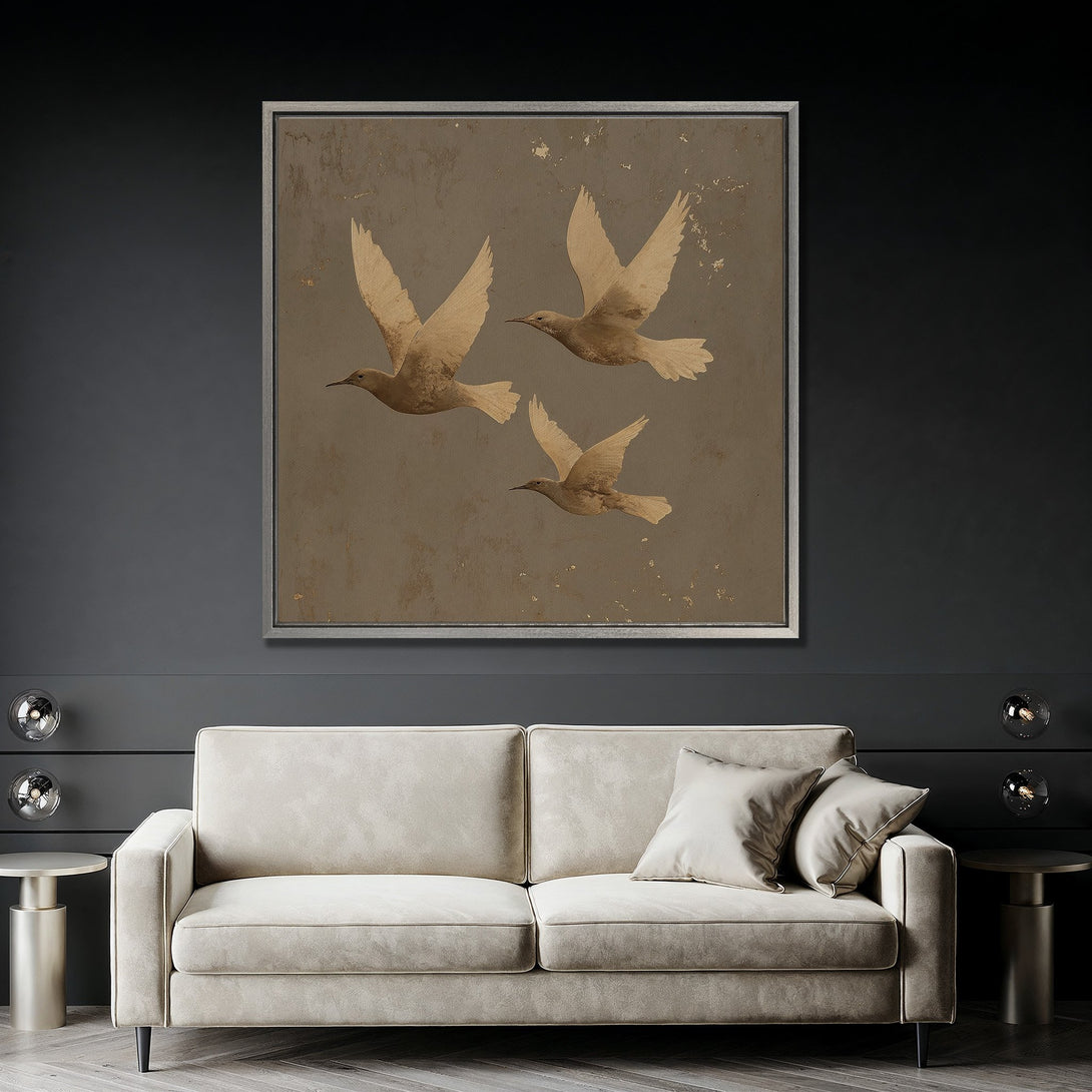 Framed Wall Art featuring birds in flight. Neutral color palette with gold accents. Modern, elegant Canvas Print for your home decor.