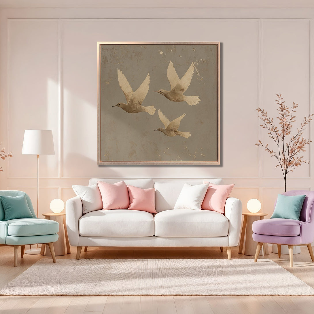 Framed Wall Art featuring elegant birds in flight, neutral tones, and a touch of gold. Perfect for adding a touch of serenity to any space.