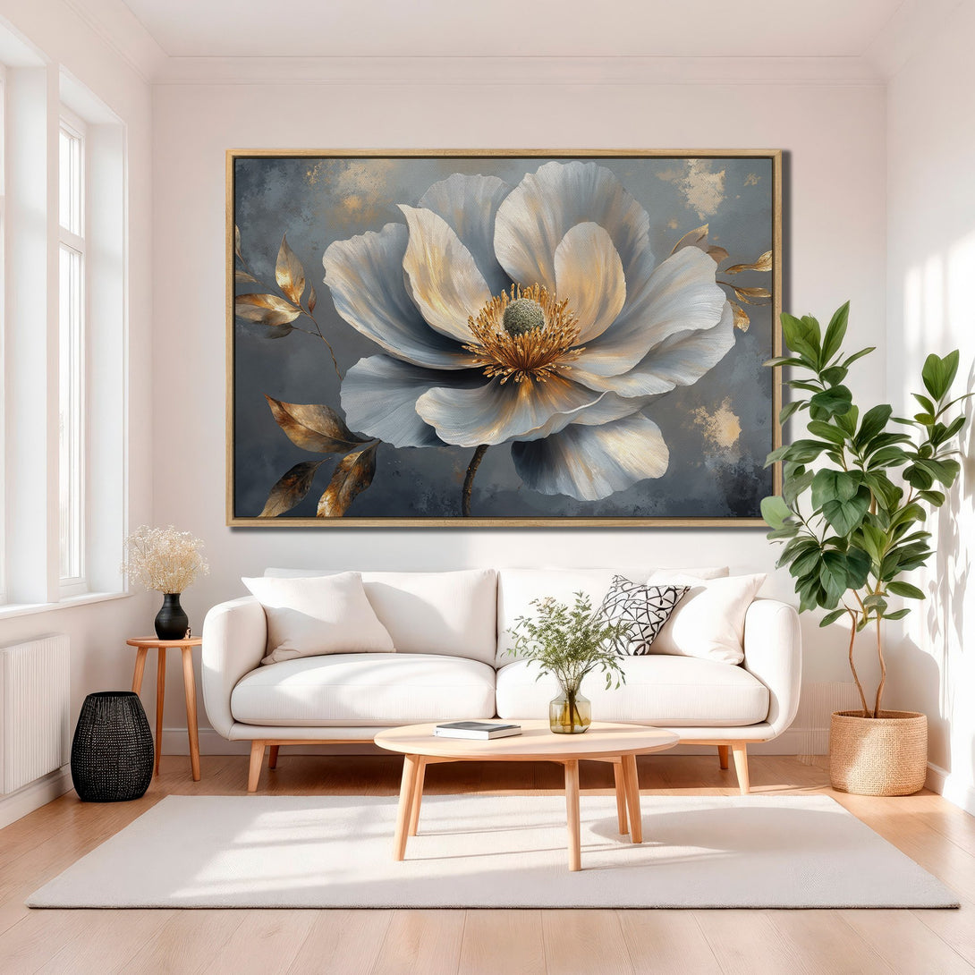 Framed Wall Art featuring a large, elegant flower in a neutral color palette. Perfect for adding a touch of sophistication to any space.
